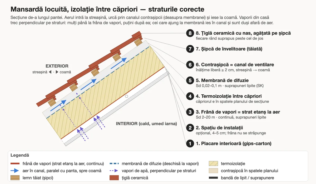 Secțiune prin acoperișul unei mansarde locuite, cu straturile de la interior spre exterior: placare, frână de vapori, izolație între căpriori, membrană de difuzie, contrașipcă cu canal de aer, șipcă, țiglă