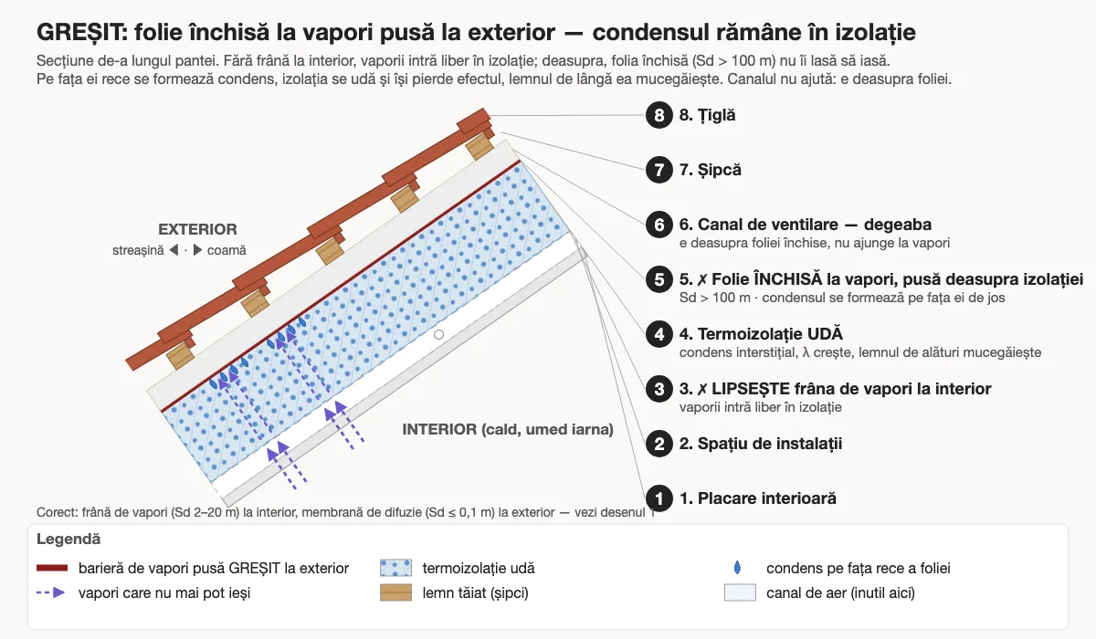 Greșeală: folie închisă la vapori pusă la exterior, deasupra izolației; condensul se formează pe fața ei de jos, izolația e udă, căpriorii au mucegai